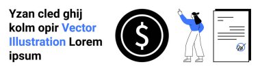 Mavili kadın belgeyi işaret ediyor, büyük dolar işareti çemberi, yer tutucu metin. Finans, sözleşmeler, ekonomi, işletme, anlaşmalar, sunumlar için ideal