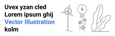 Rüzgâr türbini temiz enerji üretiyor, dolar işaretli verimli ampul tasarrufu simgeliyor, ve topraksı bitki. Sürdürülebilirlik, yeşil enerji, yenilik, bütçe verimliliği, doğa için ideal