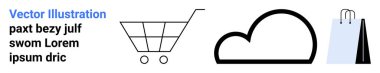 Alışveriş arabası, bulut ve alışveriş torbası görüntüsü minimum düzeyde. Teknoloji, e-ticaret, perakende, lojistik, veri depolama, dijital pazarlama sade iniş sayfası için ideal