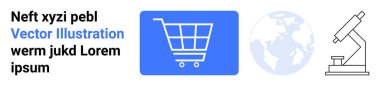 Alışveriş arabasının mavi simgesi, küresel bağlantıları sembolize eden dünya, ve bilim ve araştırmayı vurgulayan mikroskop. E-ticaret, eğitim, teknoloji, araştırma, küresel ticaret için ideal
