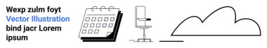 Takvim vurgulama organizasyonu, verimliliği sembolize eden ergonomik sandalye ve veri senkronizasyonu için bulut ana hatları. Zaman yönetimi, işyeri kurulumu, dijital araçlar, çevrimiçi depolama, planlama, uygulama için ideal