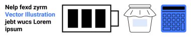Batarya ikonu, reçel kavanozu ve hesap makinesi enerjiyi, gıda deposunu ve hesaplamaları sembolize eder. Sürdürülebilirlik, üretkenlik, teknoloji eğilimleri, enerji verimliliği eğitim işi için ideal basit