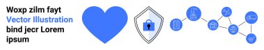 Kalp ikonu, kilit ile korunan kalkan, güvenlik, bağlantı ve güveni simgeleyen birbirine bağlı ağ düğümleri. Teknoloji, internet, sağlık hizmetleri, veri koruma inovasyonu için ideal