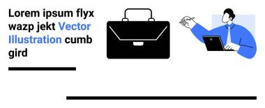 Siyah evrak çantası, dizüstü bilgisayar kullanan profesyonel erkek ve iş gereksinimlerini temsil eden stilize metin birleşimi. İş için ideal, teknoloji, kurumsal markalaşma, eğitim, kariyer, sunumlar için basit