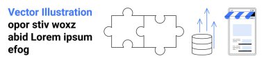 Çözümleri temsil eden bulmaca parçaları, veri tabanı yığını, dijital entegrasyon için çevrimiçi mağaza önlemi. Takım çalışması, iş stratejisi, veri yönetimi, e-ticaret, yenilik, sorun çözme için ideal