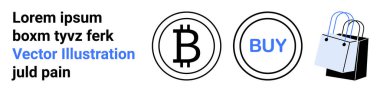 Bitcoin logosu, mavi satın alma düğmesi, ve şifreli para kullanımını temsil eden bir alışveriş çantası, online alışverişler, dijital ticaret. E-ticaret, engelleme zinciri, alışveriş, fintech perakende yatırım için ideal