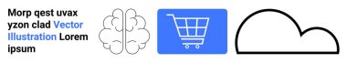 Beyin taslağı, alışveriş arabası ikonu, bulut sembolize teknolojisi, bilgi, e-ticaret, online alışveriş, bulut hesaplama, yapay zeka, öğrenme ve basit iniş sayfası