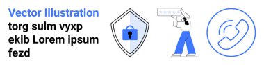 Güvenli veriler için kilitli bir kalkan, yıldız derecesi ve telefon çağrısı sembolü bırakan bir adam. Siber güvenlik, güven, iletişim, geribildirim, kullanıcı incelemesi, koruma yassı iniş sayfası afişi için ideal