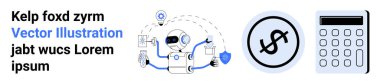 Yapay zeka robotu bağlı araçlarla görevleri yönetir, finans için dolar simgesi, hesaplama için hesap makinesi. Fintech, otomasyon, veri analizi, yapay zeka entegrasyonu, yenilik, kaynak optimizasyonu için ideal
