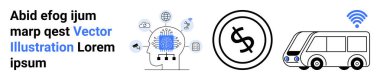 Yapay zeka elementli insan kafası, bağlı ikonlar, bozuk para ve kablosuz sinyali olan akıllı otobüs. Teknoloji, yapay zeka, ulaşım, finans, bağlantı yeniliği ve modern şehir planlaması için ideal