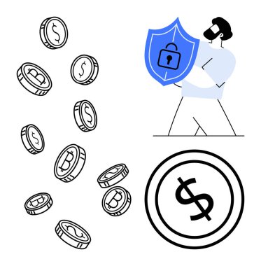 Kilitli bir kalkan tutan adam, bozuk paralar, ve dolar sembolü finans güvenliği. Para yönetimi, tasarruf, dijital güvenlik, yatırım, ekonomi, güvenlik ve sigorta temaları için ideal