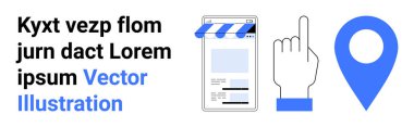 Mobil mağaza arayüzü tentenin altında, el işaretlemesi, konum işareti. Dijital hizmetler, e-ticaret, navigasyon, haritalama, kullanıcı etkileşimi, mobil uygulamalar için ideal basit iniş sayfası