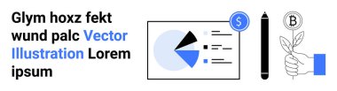 Finansal verileri içeren pasta grafiği, büyümeyi sembolize eden bitki, kripto para ve kalemi simgeliyor. Finans, yatırım, büyüme stratejisi, teknoloji, yenilik sürdürülebilirliği için ideal basit