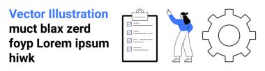 İş kadını panodaki bir listeyi işaret ediyor, işlevselliği sembolize eden bir vites simgesinin yanında. Görev planlama, üretkenlik, ofis işi, takım çalışması, iş akışı, organizasyon, basit iniş için ideal