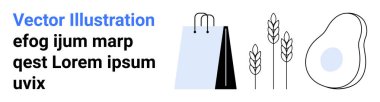 Kağıt alışveriş torbası, üç buğday kulağı ve bir avokado unsuru. Sürdürülebilirlik, çevre dostu ambalaj, sağlıklı beslenme, organik ürünler, tarım, alışveriş sade iniş sayfası için ideal