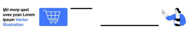 Alışveriş arabası ikonu, yer tutucu metni ve mavi ve siyah renk temalı bir kadın. E-ticaret, çevrimiçi alışveriş, perakende, navigasyon, eylem çağrısı, basit iniş sayfası tanıtımı için ideal
