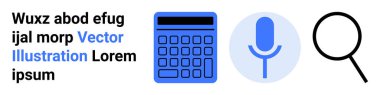 Hesaplama, iletişim ve arama kavramları için mavi hesap makinesi, mikrofon ve büyüteç simgeleri. Eğitim, teknoloji, iş, araştırma kullanıcı arayüzü dijital araçları için ideal
