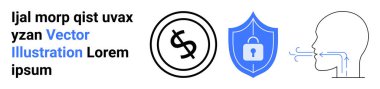 Dairesel çerçevede dolar işareti, asma kilitli mavi kalkan, iletişim oklu insan profili. Finans, güvenlik, iletişim, ağ kurmak, güven, güvenlik soyut çizgisi düz metafor için ideal