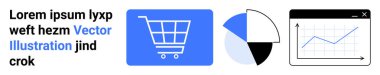 Alışveriş arabası sembolü, bölümlere ayrılmış pasta grafiği ve tarayıcı penceresinde büyüme grafiği. Veri analizi, iş büyümesi, çevrimiçi alışveriş, e-ticaret stratejisi, finans, istatistik için ideal
