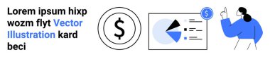 Çemberli dolar işareti, pasta grafiği ve veri görselleştirme paneli. İş kadını kendinden emin bir şekilde işaret ediyor. Finans, analitik, bütçe, sunum, iş büyümesi için ideal basit eğitim