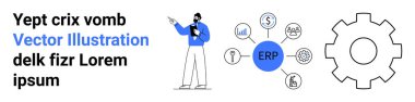Pano tutan adam, iş simgelerine bağlı ERP düğümü ve büyük teçhizat. İş planlaması, teknoloji, iş akışı, otomasyon, sistem entegrasyonu ve basit iniş sayfası için ideal
