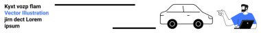 Dizüstü bilgisayarı olan ve araba çiziminin yanında işaret eden bir adam. Teknoloji, uzaktan kumanda, yenilik, cihazlar, otomotiv, evden çalışma, düz iniş sayfası afişi için ideal