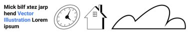 Kalın çizgili saat, bacalı basit ev şekli ve soyut bulut çizgisi. Zaman yönetimi, gayrimenkul, hava durumu, basitlik, sunum tasarımı, eğitim sade iniş sayfası için ideal