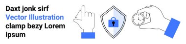Parmak göstererek el hareketi, düğmeyi ayarlayan el ve kilit simgesi içeren kalkan. Güvenlik, gizlilik, kontrol, hassasiyet, güvenlik dijital arayüz teknolojisi için idealdir. Düz iniş sayfası