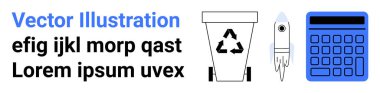 Yer tutucu metnin yanında sembol, roket ve hesap makinesi olan geri dönüşüm kutusu. Sürdürülebilirlik, teknoloji, yenilik, eğitim, eko-farkındalık, sorumlu tüketim için ideal basit iniş sayfası