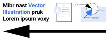 Solu işaret eden ok, kullanıcı simgesi, pasta grafiği ögeleri ve metin başlıkları içeren belge. İş süreci, veri akışı, analitik, talimatlar, bilgi grafikleri basit iniş sayfası için ideal