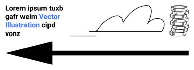 Önü gösteren büyük uçlu kara ok, bulut çizgisi, bozuk para yığını. Finans, büyüme, ilerleme, yatırım, başarı, iş stratejisi için ideal basit iniş sayfası