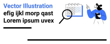 Büyüteç altındaki takvime bakan kişi, elinde pano, görevleri analiz eden, plan yapan. Program, analiz, verimlilik, organizasyon, strateji yönetimi için ideal basit iniş sayfası