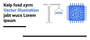Turna kaldırma kargo kutusu ithalat etiketli, beyni yapay zekayı temsil eden mikroçip, kalın metin. Teknoloji, lojistik, ticaret, yapay zeka geliştirme, yenilik ve basit öğrenme için ideal