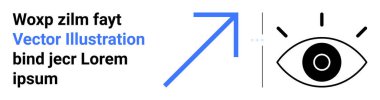 Odak detayına sahip göz simgesi, yukarı doğru cesur ok ve görme, ilerleme, yaratıcılık, büyüme, analiz, strateji ve basit iniş sayfasını simgeleyen yer tutucu metin