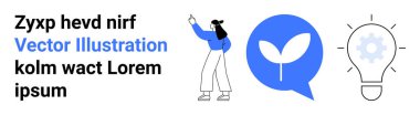 Akıllı telefon tutan bir kadın, mavi sohbet balonunda yeşil bir yaprak, ayarlar ampulde. Teknoloji, ekoloji, iletişim, yenilik, yaratıcılık, sürdürülebilirlik için ideal basit iniş sayfası