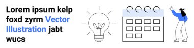 Yenilik için ampul, organizasyon için takvim, eylem için işaret eden kişi. Üretkenlik, beyin fırtınası, programlama, yenilik, takım çalışması, eğitim ve basit iniş sayfası için ideal