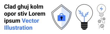 Kilitli kalkan korunmayı simgeler, dalları olan ampul yeniliği simgeler, ve elektriği olan paralar finansal büyüme gösterir. Teknoloji, güvenlik, finans ve yenilik için ideal