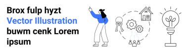 Profesyonel ortamda, etrafı ampul, teçhizat, ev ve ödül ikonlarıyla çevrili bir kadın. Yenilik, takım çalışması, liderlik, yaratıcılık iş büyümesi için ideal başarı basit