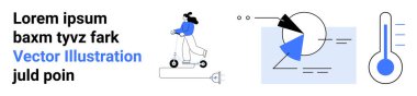 Soyut veri görselleştirmeleri, pasta grafikleri ve termometrenin yanında elektrikli scooter kullanan bir kadın. Hareket edebilirlik, teknoloji, enerji, analitik, eko-yaşam tarzı, iklim sade iniş sayfası için ideal