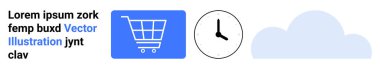 Mavi alışveriş arabası, siyah saat, ve açık mavi bulut görselleştirme ticaret, zamanlama ve dijital teknoloji. E-ticaret, iş, lojistik, bulut hesaplama zaman yönetimi dijital için ideal