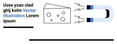 Mıknatıs, soyut yer tutucu metinlerle çevrili düz enerji hatlarıyla peynir çekiyor. Bilim, merak, gıda kavramları, çekim, manyetizma, eğitim, basit iniş sayfası için ideal