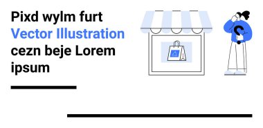 Kadın alışverişçi vitrinin içinde alışveriş torbası ile dışarıda, dükkanın önünde düşünüyor. E-ticaret, moda, perakende, küçük işletme, pazarlama, müşteri davranışı, basit iniş sayfası için ideal