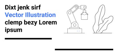 Soyut bitki tasarımının yanında robot kol yakalama objesi. Teknoloji, otomasyon, mühendislik, imalat, tasarım, yenilik, basit iniş sayfası için ideal