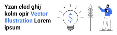 Yenilik için ampuldeki dolar işareti, buğday büyümesini analiz eden adam. Finans, sürdürülebilirlik, büyüme, yenilik, iş, tarım, eğitim için ideal basit iniş sayfası
