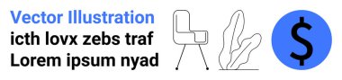 Ofis sandalyesi soyut bitki ve dolar işareti ile mavi daire şeklinde eşleştirilmiş. İş yeri, finans, yatırım, minimal dekor, modern tasarım, pazarlama görselleri için ideal, basit iniş sayfası