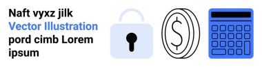 Kilit, dolar parası ve hesap makinesi görüntüleri güvenlik, finans ve hesaplamaları vurguluyor. Bankacılık, bütçe, siber güvenlik, veri analiz ödeme sistemleri için ideal online güvenlik ve basit bir