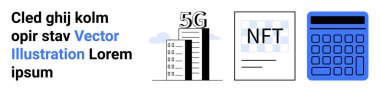 5G teknolojisiyle işaretlenmiş uzun şehir binası, çizgileri olan NFT belgesi ve mavi hesap makinesi. Teknoloji için ideal, engelleme zinciri, finans, kentsel kalkınma, veri analizi, eğitim için basit iniş sayfası