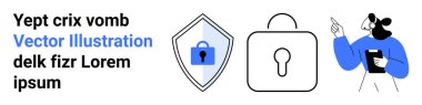Kilitli bir kalkan, büyük bir asma kilit simgesi ve güvenlik önlemlerini gösteren bir pano tutan biri. Siber güvenlik, çevrimiçi koruma, veri erişimi, mahremiyet, güvenli ağlar, kimlik denetimi için ideal