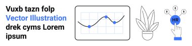 Veri noktaları olan çizgi grafiği, dokunmatik ikonlu İnsan Kaynakları düğmesi, saksı bitkisi. İnsan kaynakları, askere alma, veri analizi, kurumsal strateji, verimlilik, iş akışı düz iniş sayfası afişi için ideal