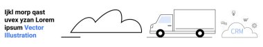 Bulut hizmetlerini temsil eden bulut grafiği, dijital izleme için CRM simgeleri ve lojistik verimliliği ile birlikte kargo kamyonu sürücüsü. CRM, tedarik zinciri, bulut depolama, teslimat, ulaşım için ideal